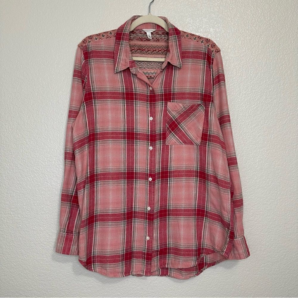 Aeropostale Pink Plaid Flannel with Knit Back Trim Button Down Shirt